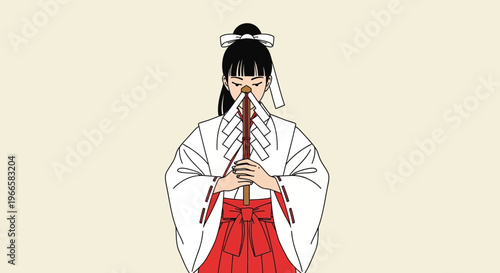 Shinto Priestess Holding Sakaki Branch