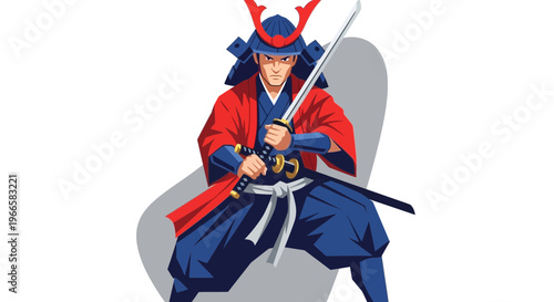 Samurai warrior with sword, Japanese warrior, historical fighter, anime style illustration