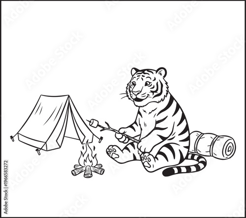 Cute tiger making fire and enjoy champing black line art vector illustration coloring book for kids