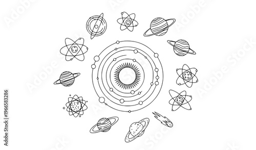 Minimal hand-drawn solar system icons vector set with planets, orbits, and celestial bodies for educational use