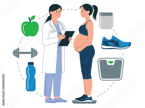 Pregnant woman and doctor discussing healthy lifestyle during pregnancy, medical consultation illustration for maternity care, healthcare, prenatal guidance, and hospital design projects.