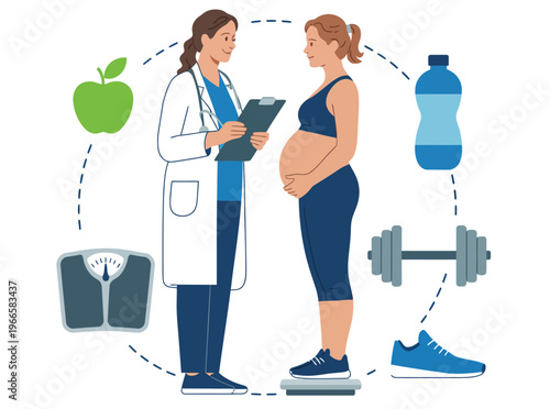 Pregnant woman and doctor vector illustration, discussing healthy lifestyle during pregnancy for maternity care, prenatal checkup, healthcare education, and medical clinic design projects.