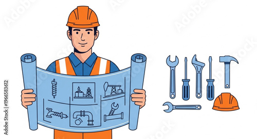 Construction Worker Holding Blueprint with Tools and Hard Hat Illustration.