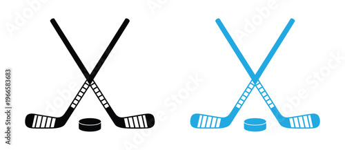 Crossed Hockey Sticks and Puck Silhouette Icon ice hockey sport. Hockey Stick Flat Icon On White Background. 