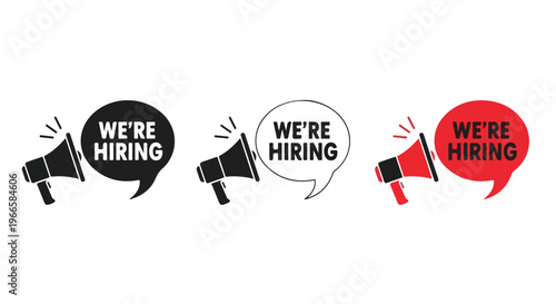 Megaphone icons with speech bubbles saying WE'RE HIRING in black, white, and red for recruitment and job search