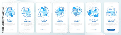 Seven categories of false information blue onboarding mobile app screen. Walkthrough 7 steps editable graphic instructions with linear concepts. UI, UX, GUI. Montserrat SemiBold, Regular fonts used