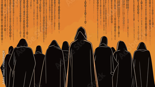 Group of figures in cloaks stands under a backdrop of falling binary code during a digital-themed event in an urban setting