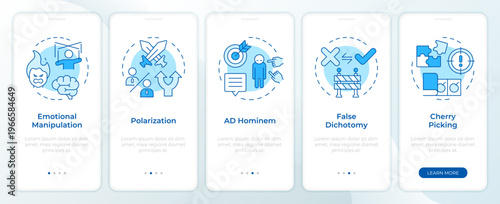 Standard misinformation tactics blue onboarding mobile app screen. Walkthrough 5 steps editable graphic instructions with linear concepts. UI, UX, GUI. Montserrat SemiBold, Regular fonts used