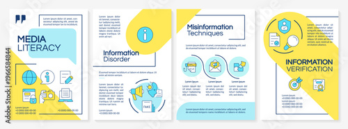 Media literacy blue and yellow brochure layout. Critical thinking, digital content. Leaflet advertising design with color line icons. Editable 4 pages. Questrial, Lato-Regular fonts used