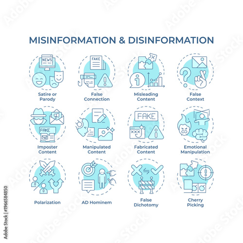 Misinformation and disinformation soft blue concept icons. Digital communication, social media. Icon pack. Vector images. Round shape illustrations for article, blog post. Abstract idea
