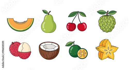 Various colorful illustrations of fruits with simple outlines on white background