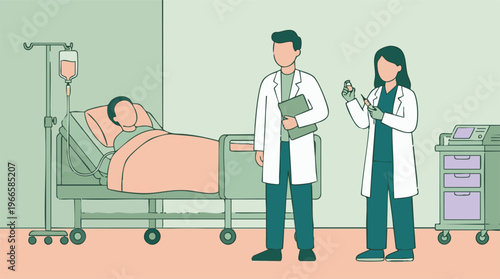 Healthcare team caring for a sick patient with IV drip in hospital ward