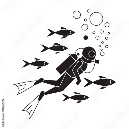 Vector of a scuba diver swimming underwater with a school of fish