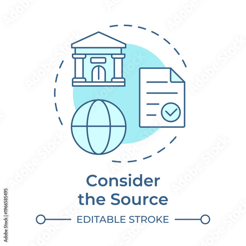 Consider the source soft blue concept icon. Media literacy, fact checking. Information verification. Round shape line illustration. Abstract idea. Graphic design. Easy to use in article, blog post