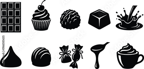 Chocolate and dessert vector silhouette set featuring cocoa bar, cupcake, truffles, candy, and liquid splash icons for sweet shop bakery menu and confectionery branding