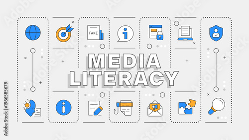 Media literacy white word concept. Communication methods. Critical evaluation, ai technology. Typography banner. Vector illustration with title text, editable icons color. Hubot Sans font used