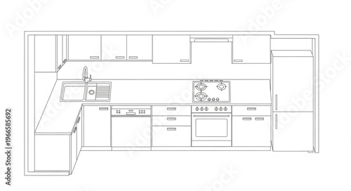 Kitchen Layout Design with Appliances and Cabinetry.