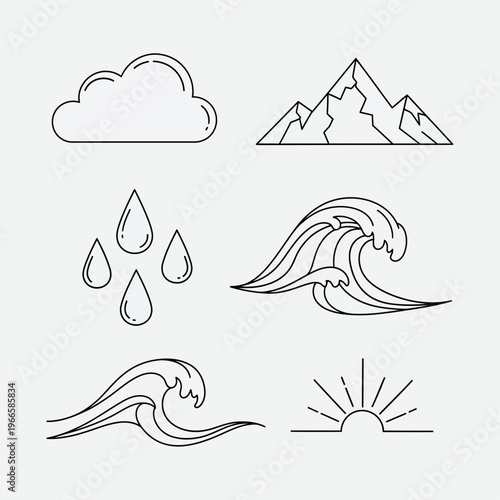 A curated collection of minimalist, clean-line art vector icons representing various natural and weather elements. This versatile set features beautifully simple illustrations of puffy clouds, rugged 