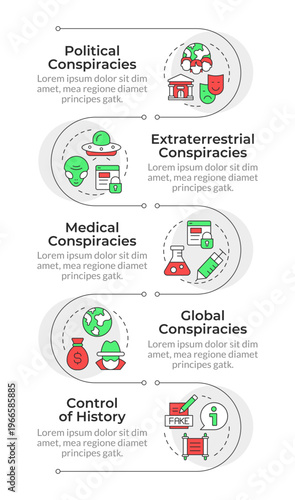 Conspiracy theory varieties infographic vertical sequence. Political information. Visualization infochart with 5 steps. Circles workflow. Montserrat SemiBold, Lato Regular fonts used