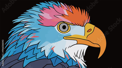 Colorful bird illustration with bright feathers and detailed features on a black background