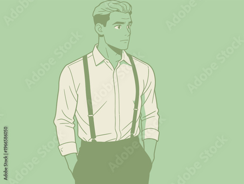 Man stands in front of a plain green background wearing a white shirt with suspenders and looking to the side
