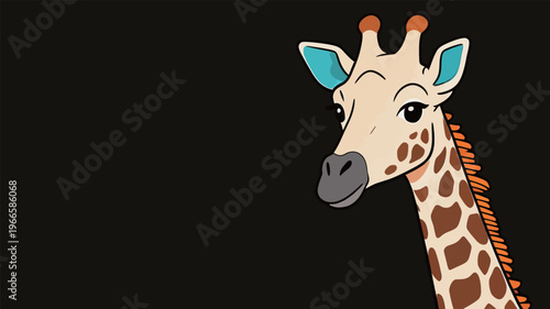 Giraffe looks at the viewer with a friendly expression and colorful features against a dark background