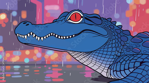 Colorful blue crocodile in a city at night under the rain with bright lights in the background