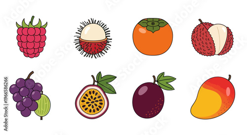 Vibrant assortment of tropical and berries fruits isolated vector illustration