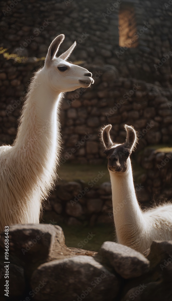 Naklejka premium Ancient serenity llamas graze peacefully amidst Inca ruins bathed in gentle light shadows
