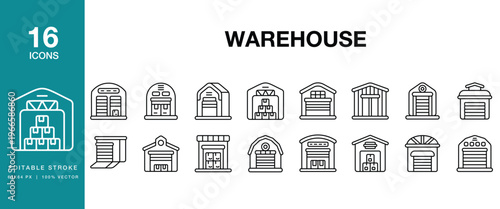 Warehouse icon set. Includes warehouse, storage, logistics, inventory, distribution and More. Editable Stroke Icon Collection.