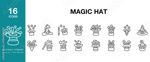 Magic Hat icon set. Includes hat, magic, magician, wizard, illusion, trick and More. Editable Stroke Icon Collection.