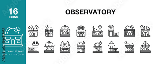 Observatory icon set. Includes observatory, telescope, astronomy, space, galaxy and More. Editable Stroke Icon Collection.