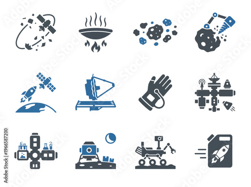 Space logistics and economy icons in blue