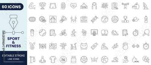 Sport and Fitness icon set in outline style. Editable stroke. Vector icon collection.