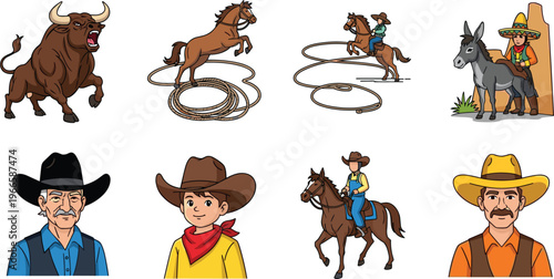 Cowboy and Rodeo Character Set with Horses Bulls Lasso Riders and Western Ranch Elements Cartoon Illustration Collection for Farm and Wild West Design