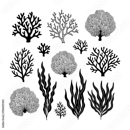 A collection of tree and plant silhouettes featuring various shapes and textures, representing natural diversity. Perfect for environmental themes, landscaping designs, and eco-friendly branding, thes