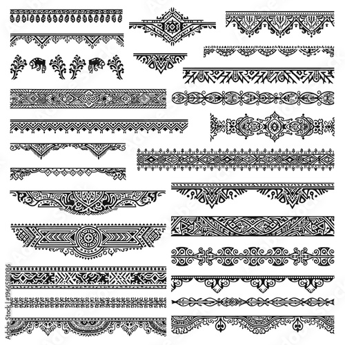 An extensive collection of decorative borders and repetitive patterns designed with intricate detailing. Suitable for frames, backgrounds, and design accents, these elements enhance visual appeal and 