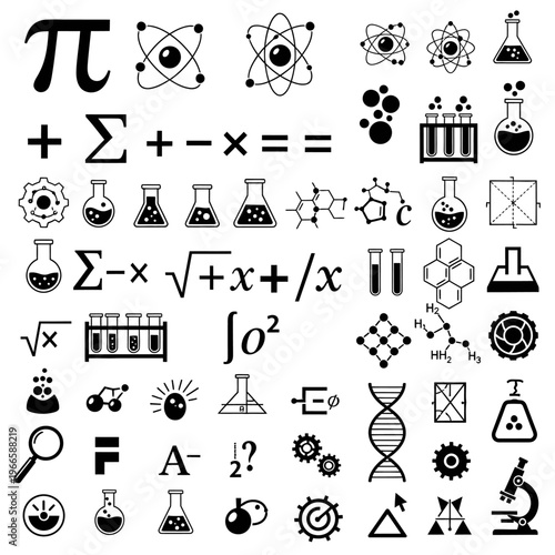 A comprehensive collection of mathematical symbols, equations, and scientific icons including formulas, geometric shapes, and calculation signs. Ideal for educational materials, academic design, and S