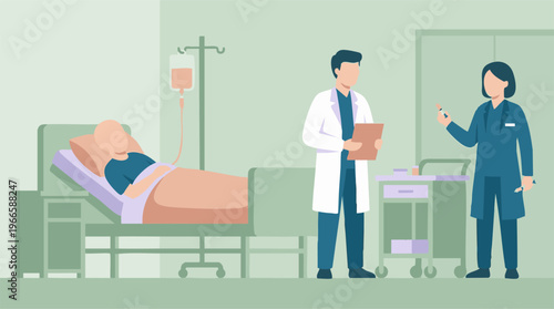 Doctor and nurse attending to a patient in a modern hospital room