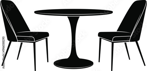 Minimalist round dining table with two modern chairs silhouette elegant furniture composition for home or cafe interior contemporary black and white vector illustration design