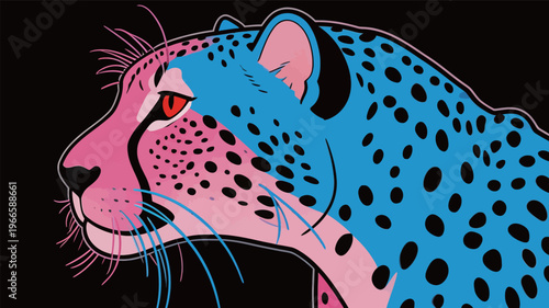 Bright blue and pink leopard illustration facing to the right against a black background during daylight