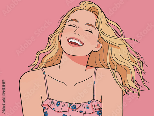 Young woman smiles with long blonde hair on a pink background during a sunny day in spring season