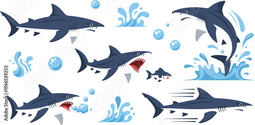 Shark movement and behavior illustration set with swimming jumping hunting and attack scenes in dynamic flat design isolated on white background