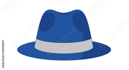 A blue fedora hat with a gray band sits on a white background.