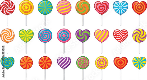 Bright colorful lollipop candy set with swirl, striped and heart shapes, vibrant sweet treats collection, playful dessert icons for kids party, packaging, stickers and festive designs