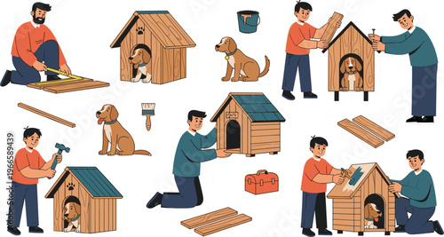 Dog House Construction Illustration Set with Step by Step DIY Wooden Kennel Building Process Tools and People Working Vector Collection