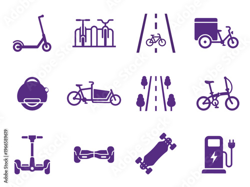 Micro-mobility diverse transport icons in clean grid