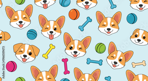 Cute seamless pattern of corgi dog faces and toys like bones and colorful balls on a light blue background.
