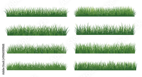 Set of eight different textures of lush green grass strips for landscaping and garden design on white background.