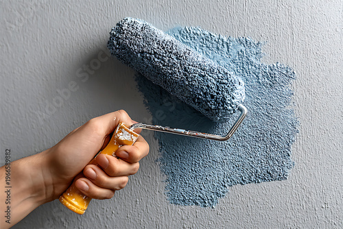 Painting a wall in a minimal room using a roller during a home improvement project with focus on simple design and functionality Generative AI